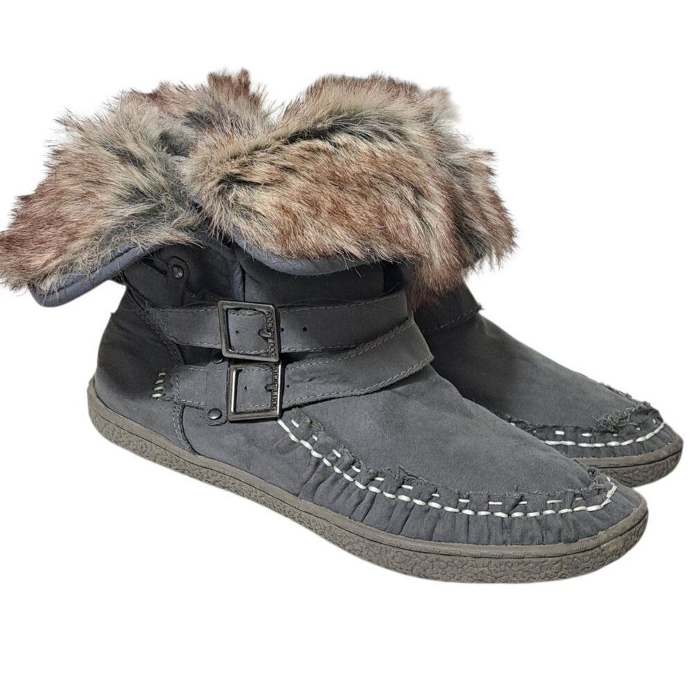 Rocket Dog Women's Grey Textile Faux Fur Ankle Booties Raw Edge  Sz 7.5
